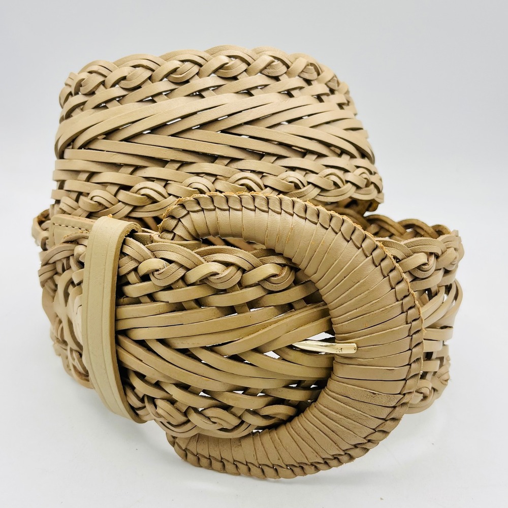 Talbots Womens Beige Braided Genuine Leather Belt Size S Woven Round Buckle